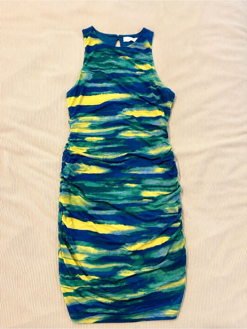 Primark Blue Green Abstract Ruched Halter Midi Dress Size US 8